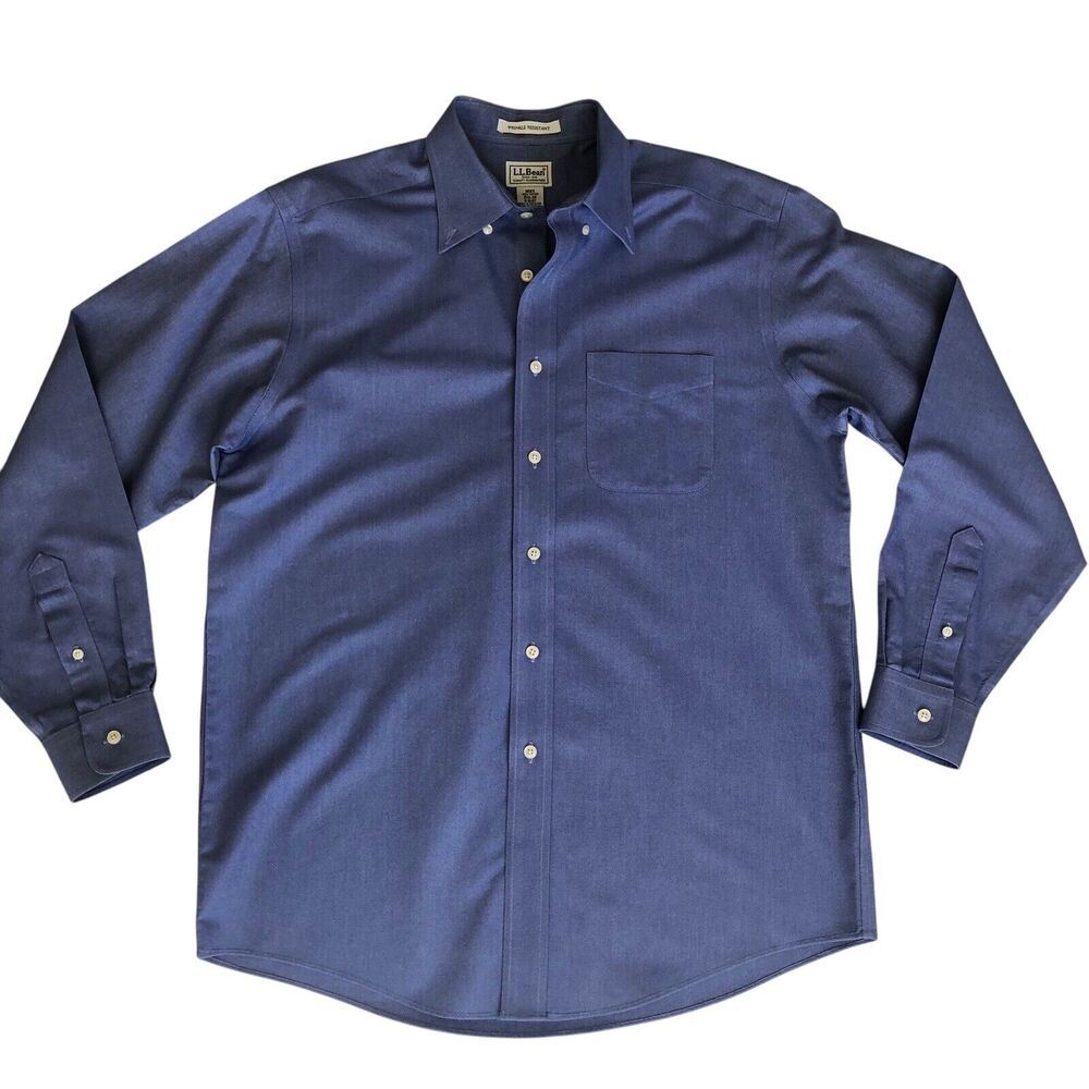 LL BEAN Mens Blue Wrinkle Resistant Shirt Long Sleeve ButtonUp Sz 15.5-34‎ XL